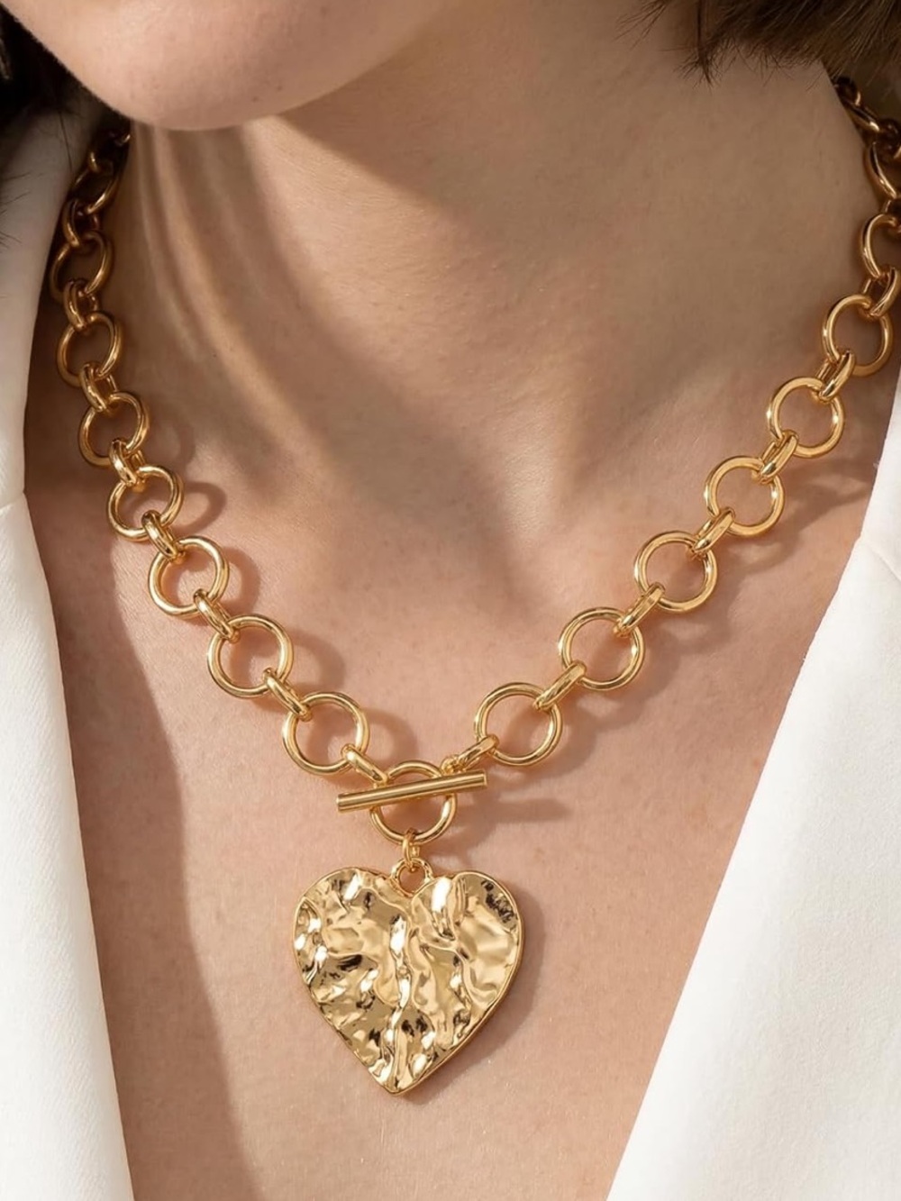 Anthropologie Shiny Gold Chunky Link Necklace with Hammered Heart